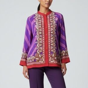 Bob Mackie Wearable Art Bombay Placement Print Long Sleeve Button Front Blouse